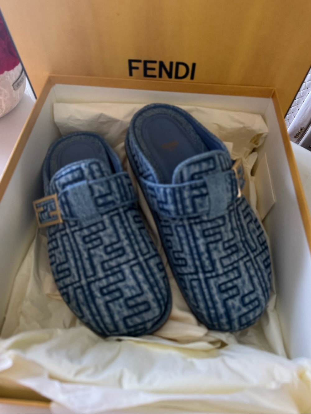Fendi Blue FF Logo Denim Slip-On Clogs